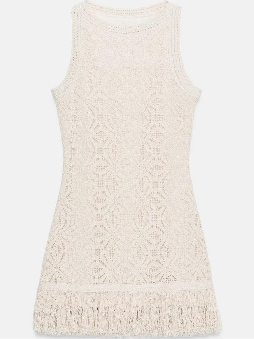 Zara Cream Crochet Knit Fringe Hem Mini Dress